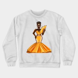 Black Empress -  Black Afro Princess in yellow with fan! beautiful black girl with Afro hair, brown eyes and dark brown skin. Hair love ! Crewneck Sweatshirt